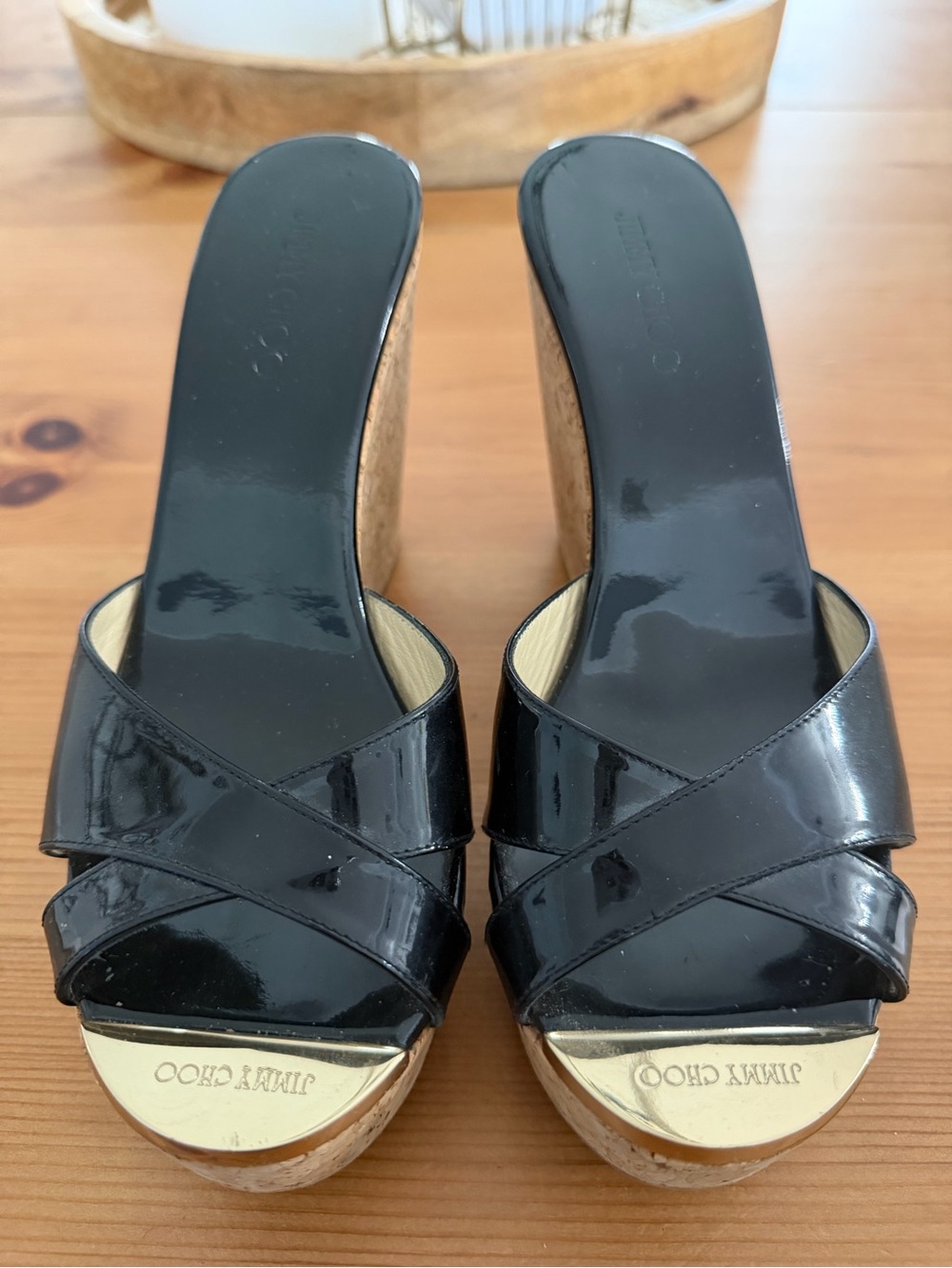 Jimmy Choo Black Patent Leather Cork Wedge Mules with Gold Accents